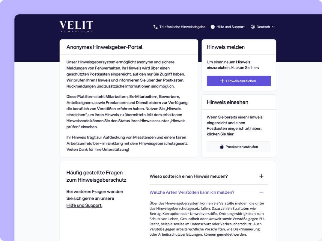 Abbildung des Hinweisgeberportals