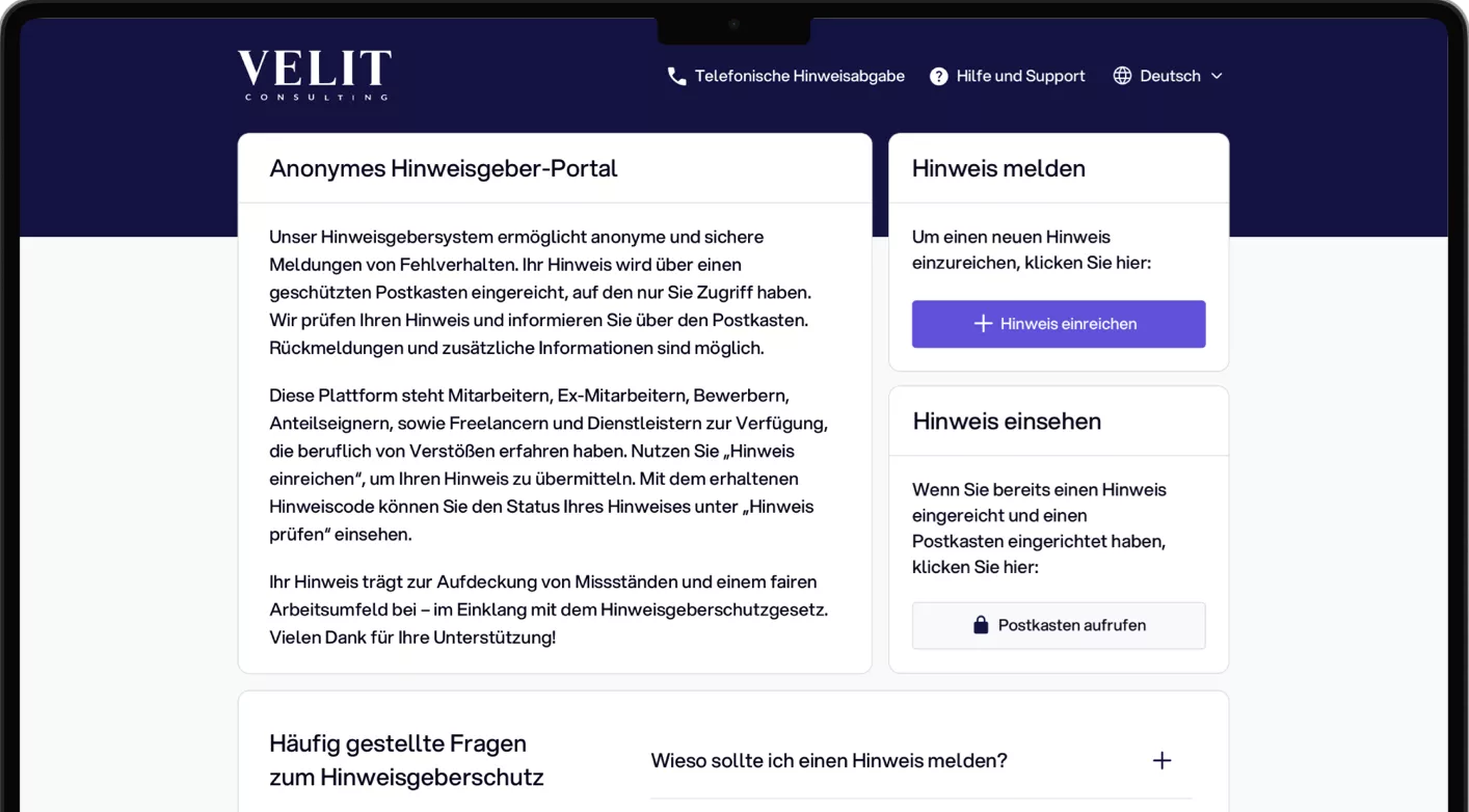 Abbildung der Startseite des Hinweisgeberportals