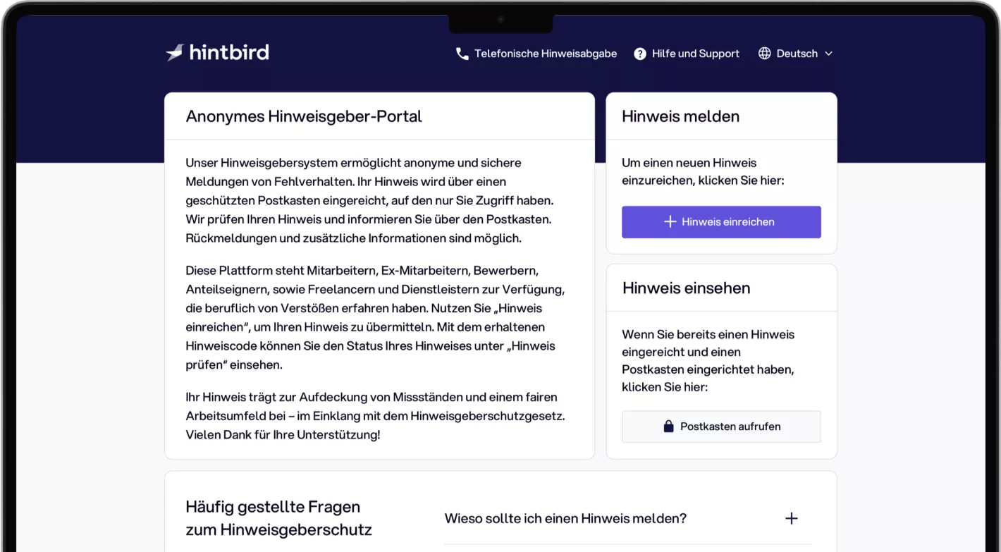 Abbildung der Startseite des Hinweisgeberportals